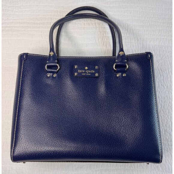 Kate Spade Navy Blue Wellesley Quinn Classic Leather Tote Handbag Office - Picture 5 of 14